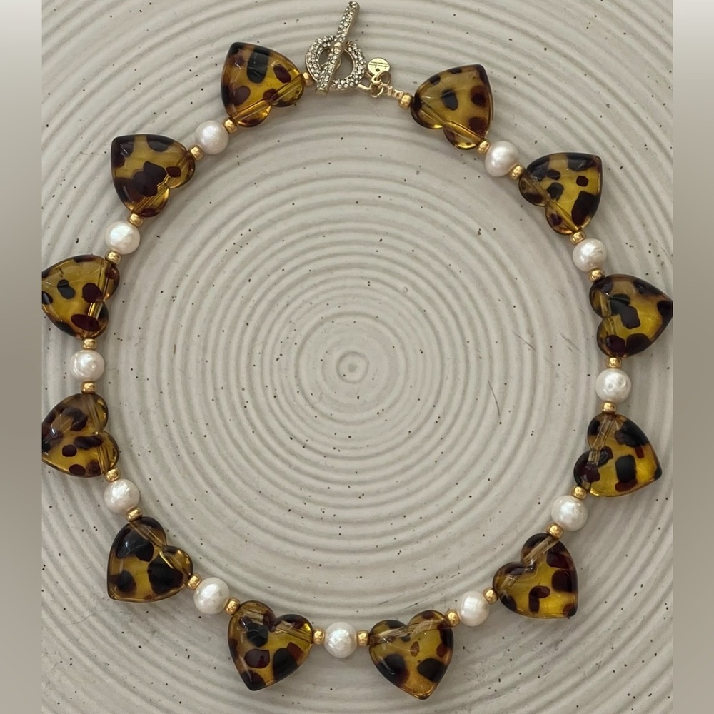Leopard Print Heart beads, Freshwater Pearls, Gold glass accents, Pavé clasp